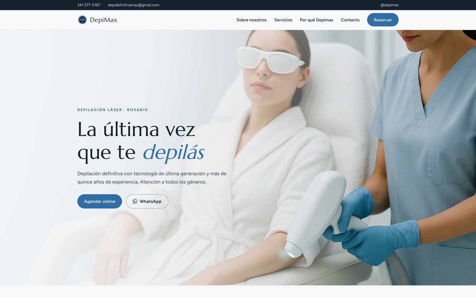 Portada de Depimax: sesión de depilación láser, titular «La última vez que te depilás» y botones de agenda online y WhatsApp.