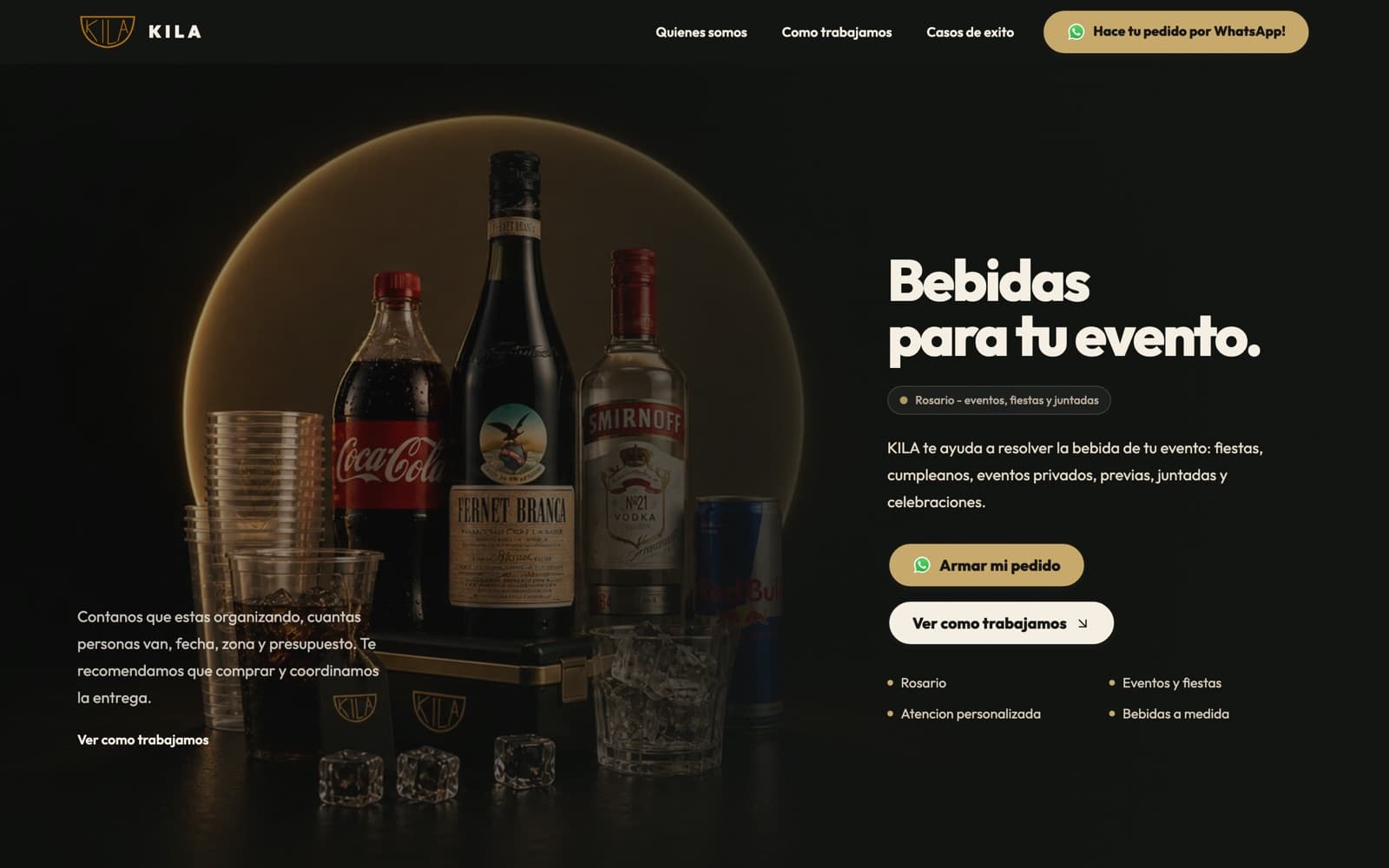 Portada del sitio de Kila Distribuidora, con el acceso a armar el pedido por WhatsApp.