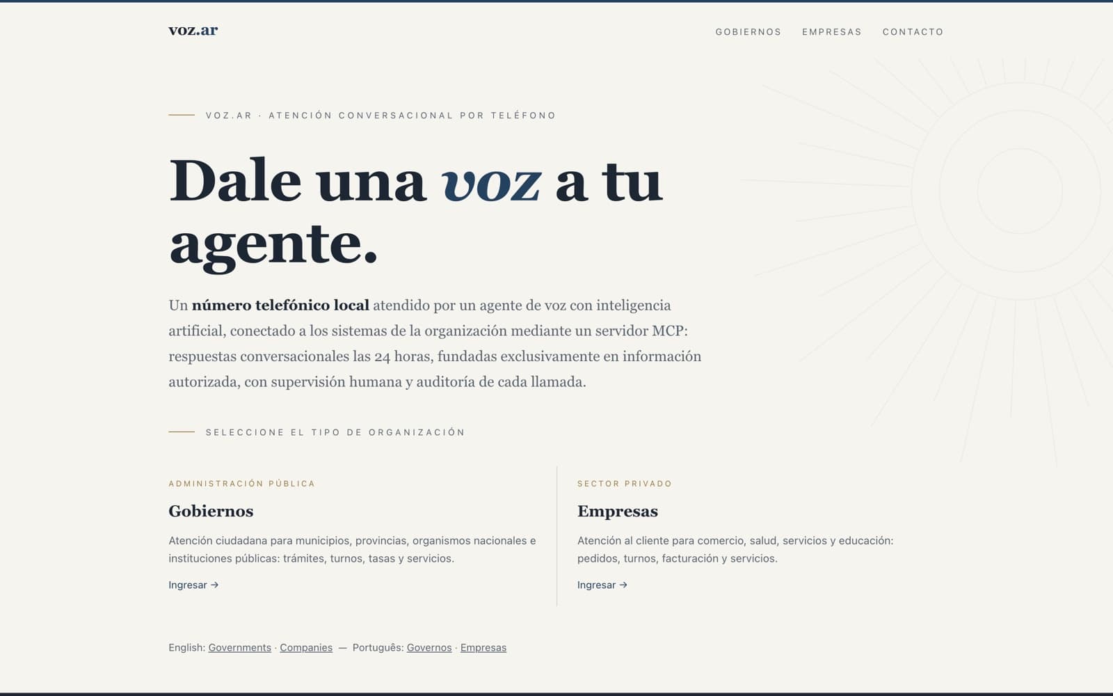 Portada de voz.ar, con la separación entre atención para gobiernos y para empresas.