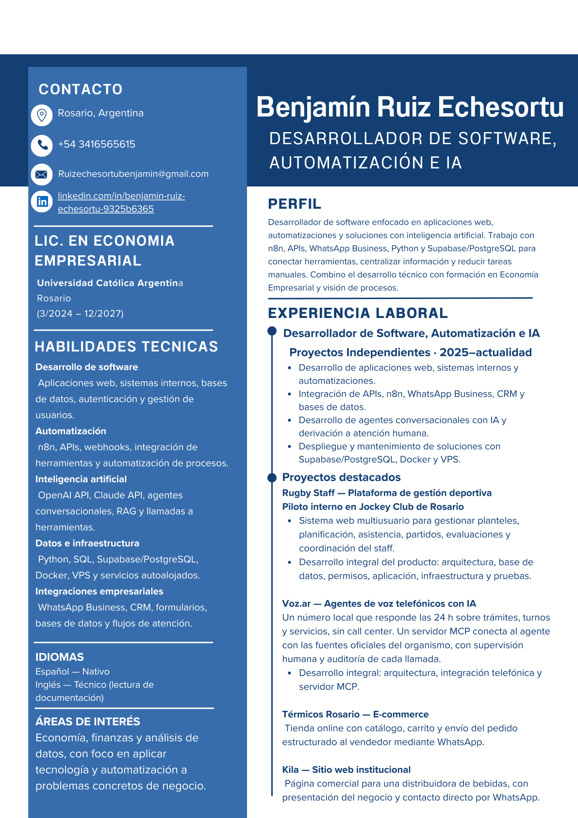 Currículum de Benjamín Ruiz Echesortu. El texto completo está debajo, en la sección desplegable.